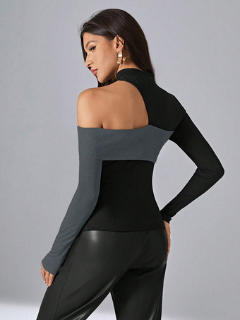 長袖Tシャツ ブラック ポリエステル カラーブロック 非対称デザイン ネックライン レディース Tシャツ