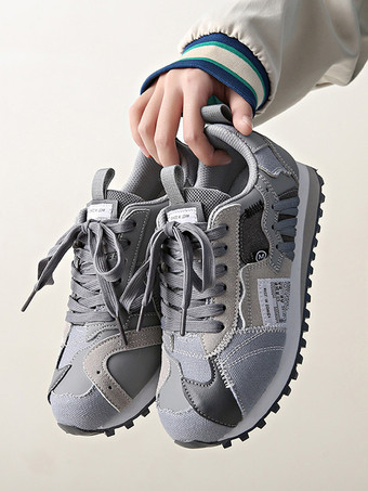 ライトグレー エクリュホワイトスポーツスニーカーラウンドトゥレースアップカジュアルシューズ