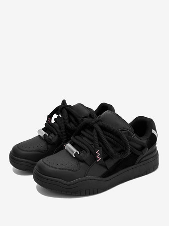 ブラック ブラック レディース スケート スニーカー ラウンドトゥ レースアップ カジュアルシューズ