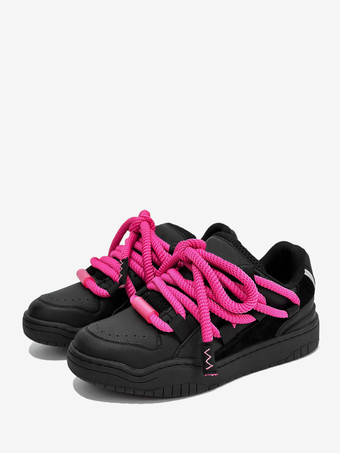 ローズレッドブラック レディース スケート スニーカー ラウンドトゥ レースアップ カジュアルシューズ