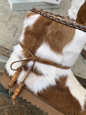 Horse Hair Ankle Boots Women's Round Toe Winter Snow Boots