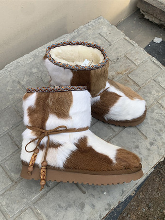 Horse Hair Ankle Boots Women's Round Toe Winter Snow Boots