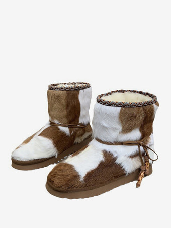 khaki Horse Hair Ankle Boots Women's Round Toe Winter Snow Boots