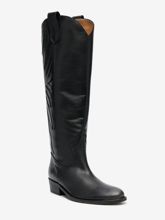 Black Knee High Boots Women's Embroiderd Falt Riding Boots