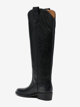 PU BlackBlack Knee High Boots Women's Embroiderd Falt Riding Boots