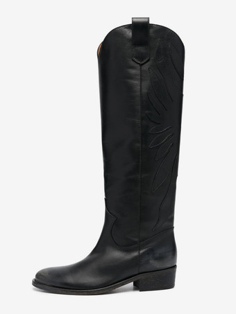 Black Knee High Boots Women's Embroiderd Falt Riding Boots
