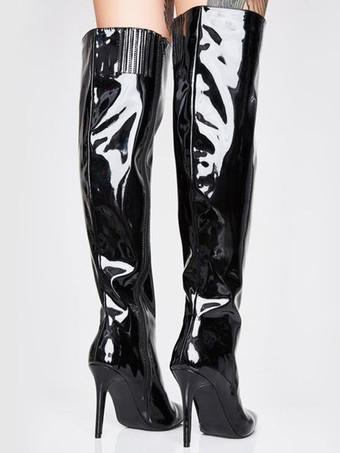 ブラックのオーバーニーブーツ セクシーなPUレザーのポインテッドトゥのオーバーニーブーツ