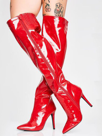 レッド ブラックのオーバーニーブーツ セクシーなPUレザーのポインテッドトゥのオーバーニーブーツ