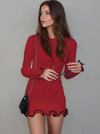 レッド ソフトピンクのボディコンドレス エレガントなプリーツ入り長袖ミニドレス（レディース 2025）