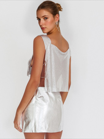 クラブウェアトップ 魅力的なジュエルネック メタルディテール ノースリーブ スパンコール ハイスリット