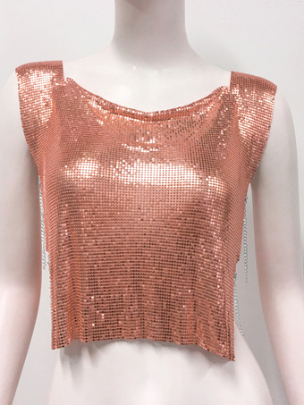 薄栗色クラブウェアトップ 魅力的なジュエルネック メタルディテール ノースリーブ スパンコール ハイスリット