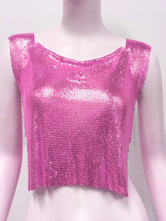 ローズレッドクラブウェアトップ 魅力的なジュエルネック メタルディテール ノースリーブ スパンコール ハイスリット