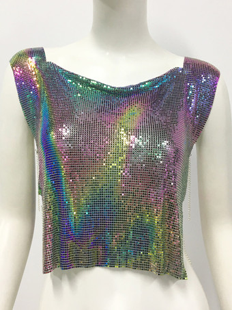 ピンククラブウェアトップ 魅力的なジュエルネック メタルディテール ノースリーブ スパンコール ハイスリット