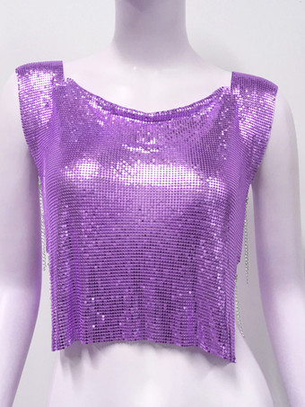 パープル クラブウェアトップ 魅力的なジュエルネック メタルディテール ノースリーブ スパンコール ハイスリット