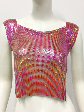 レッド クラブウェアトップ 魅力的なジュエルネック メタルディテール ノースリーブ スパンコール ハイスリット