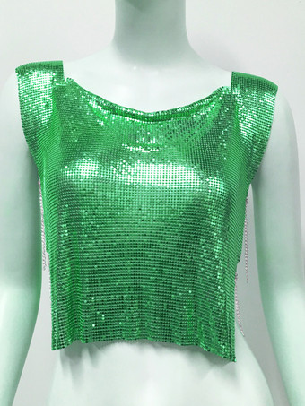 グリーン クラブウェアトップ 魅力的なジュエルネック メタルディテール ノースリーブ スパンコール ハイスリット