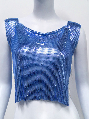 ブルー クラブウェアトップ 魅力的なジュエルネック メタルディテール ノースリーブ スパンコール ハイスリット