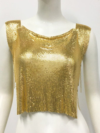 ゴールド クラブウェアトップ 魅力的なジュエルネック メタルディテール ノースリーブ スパンコール ハイスリット