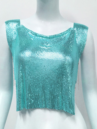 ティールクラブウェアトップ 魅力的なジュエルネック メタルディテール ノースリーブ スパンコール ハイスリット