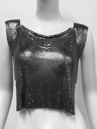 ブラック クラブウェアトップ 魅力的なジュエルネック メタルディテール ノースリーブ スパンコール ハイスリット