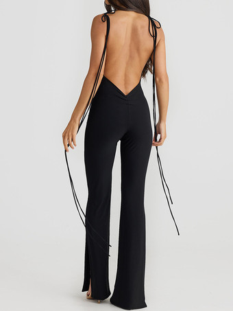 ブラック ワンショルダー ノースリーブ レースアップ ワンショルダー ポリエステル フレア サマー プレイスーツ