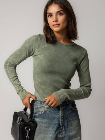 長袖Tシャツ ブラウン ジュエルネック ポリエステル レディースTシャツ