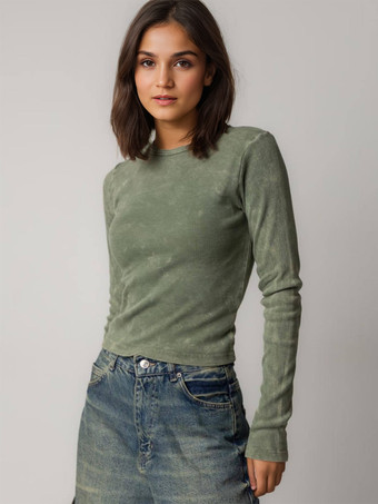 ハンターグリーン 長袖Tシャツ ブラウン ジュエルネック ポリエステル レディースTシャツ