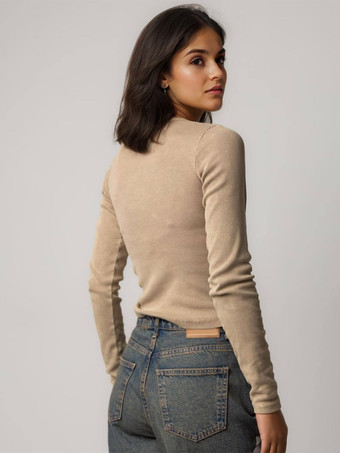 長袖Tシャツ ブラウン ジュエルネック ポリエステル レディースTシャツ