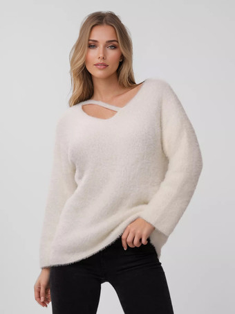 blanc Pull Blanc Manches Longues Col Découpé Femme Top Surdimensionné En Polyester