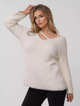 Pull Blanc Manches Longues Col Découpé Femme Top Surdimensionné En Polyester