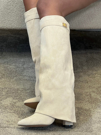 アイボリー スエードニーハイブーツ アプリコット ポインテッドトゥ バックルディテール ジップアップ チャンキーヒールブーツ