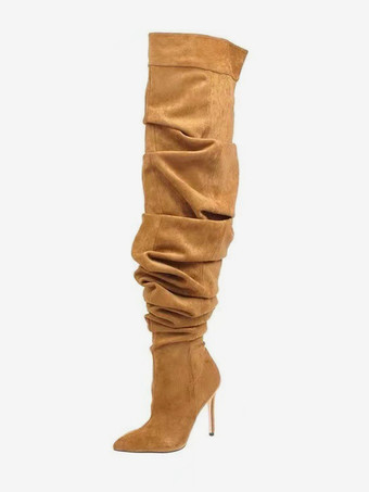 イエロースエード オーバーザニーブーツ ブラック ポインテッドトゥ スラウチ ハイヒール サイハイブーツ