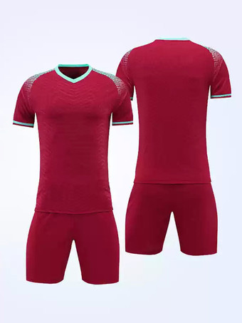 レッド カラーブロック スポーツウェア Vネック 半袖 カスタマイズ フットボール ジャージ