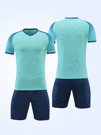 ライトスカイブルーカラーブロック スポーツウェア Vネック 半袖 カスタマイズ フットボール ジャージ