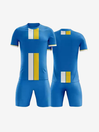 ブルー メンズスポーツウェア ストライプ半袖 カスタマイズフットボールジャージ