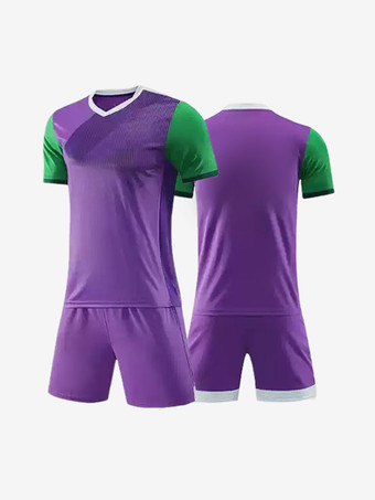 パープル カラーブロック フットボールジャージ 半袖 パッチワーク カスタマイズ フットボールチーム アクティブウェア