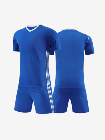 ブルー 大人用サッカージャージ Vネック 半袖 パッチワーク カスタマイズ サッカーチーム トレーニング スポーツウェア