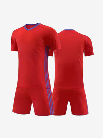 レッド 大人用サッカージャージ Vネック 半袖 パッチワーク カスタマイズ サッカーチーム トレーニング スポーツウェア