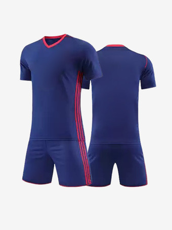 ディープブルー大人用サッカージャージ Vネック 半袖 パッチワーク カスタマイズ サッカーチーム トレーニング スポーツウェア