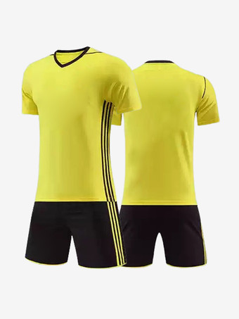 イエロー大人用サッカージャージ Vネック 半袖 パッチワーク カスタマイズ サッカーチーム トレーニング スポーツウェア
