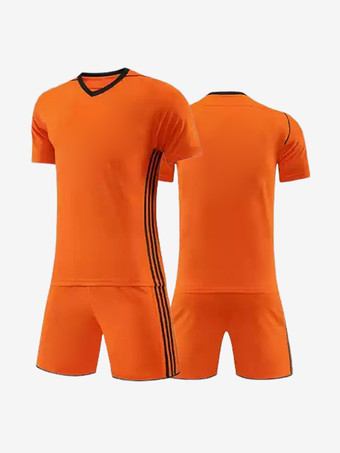 オレンジ 大人用サッカージャージ Vネック 半袖 パッチワーク カスタマイズ サッカーチーム トレーニング スポーツウェア