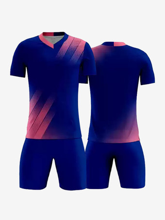 ブルー 大人用サッカージャージ Vネック 半袖 カスタマイズサッカーチームトレーニングスポーツウェア