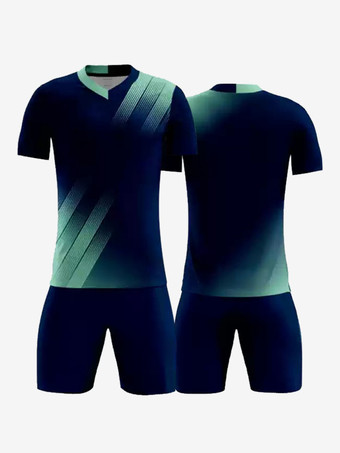 ディープブルー大人用サッカージャージ Vネック 半袖 カスタマイズサッカーチームトレーニングスポーツウェア