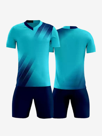 ライトスカイブルー大人用サッカージャージ Vネック 半袖 カスタマイズサッカーチームトレーニングスポーツウェア