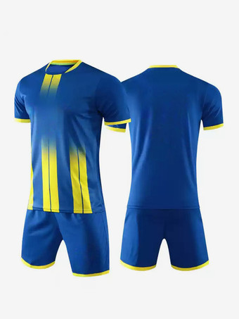 ブルー メンズアクティブウェア カスタマイズフットボールジャージ ストライプ Vネック 半袖アクティブウェア