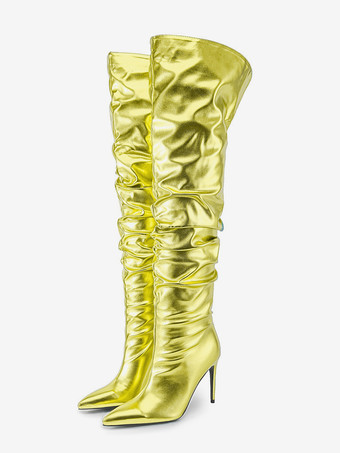 イエローオーバーニーブーツ レッドメタリック レディース スラウチ サイハイブーツ