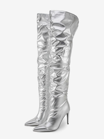シルバー オーバーニーブーツ レッドメタリック レディース スラウチ サイハイブーツ