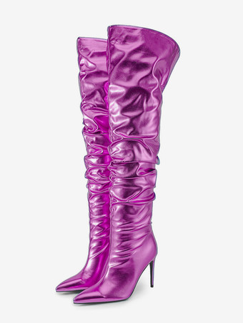パープル オーバーニーブーツ レッドメタリック レディース スラウチ サイハイブーツ
