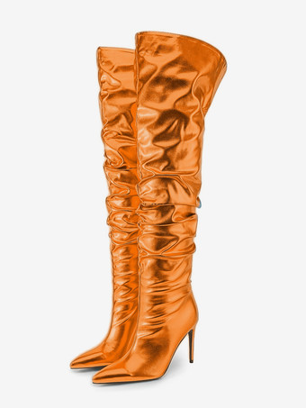 オレンジオーバーニーブーツ レッドメタリック レディース スラウチ サイハイブーツ