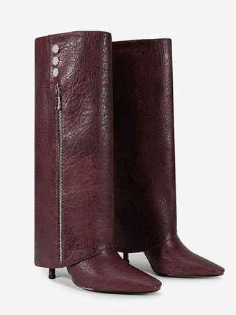 Burgunderrote kniehohe Stiefel mit spitzer Spitze Reißverschlussdetail und hohem Absatz Umschlagstiefel